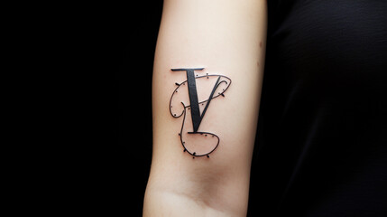 Simple black letter tattoo on the back with the letters MV combined.
