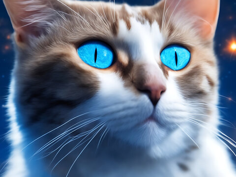 A sensitive picture of a cat with big, blue eyes. The cat's head and body are brown and white with dark spots. It is a regular wear with a blue tag. Blurred background with orange bokeh., vivid, 3d 