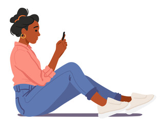 Black Woman Sits Upright On Floor , Maintaining Proper Body Posture, Engrossed In Smartphone, Vector Illustration