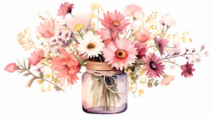 wildflowers in a pink glass jar, watercolor clipart on white background 