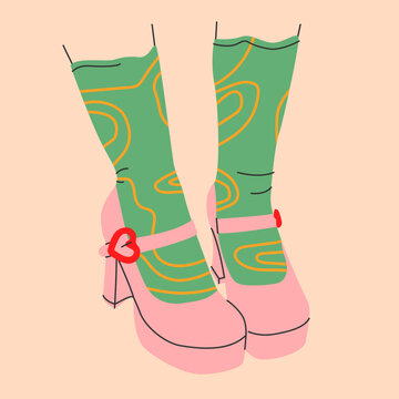 Icon of bright strapped high heel shoes with heart shape clasp and funny socks.Print for cards,shoe store