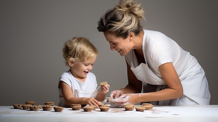 making cookies with Mommy, a young child with Mother in a Baking-themed, horizontal format of photorealistic illustration in JPG. Generative ai