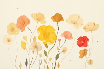 delicate flowers on the stem, with a light background in a Horizontal format, in a Floral art-themed, photorealistic illustration in JPG. Generative ai