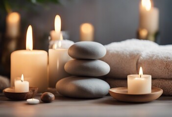 Obraz na płótnie Canvas Spa Concept - Massage Stones With Towels And Candles In Natural Background