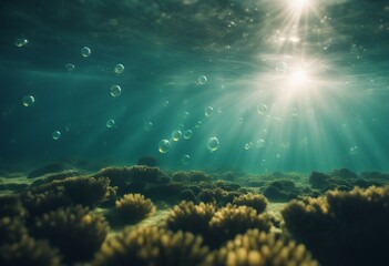 Fototapeta na wymiar Underwater Scene With Bubbles And Sunbeams
