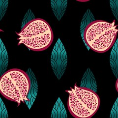 Abstract fruit and leaves seamless pomegranate pattern for wrapping paper and fabrics and linens