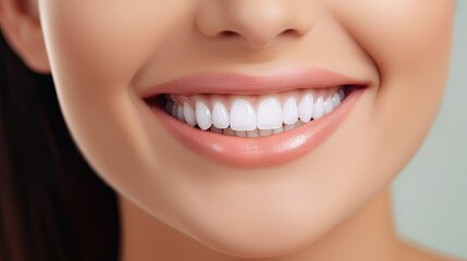 Obraz premium healthy white teeth, a smile of a young woman, in a Teeth whitening, Dental clinic patient, Dentistry-themed, horizontal format of photorealistic illustration in JPG. Generative ai