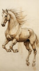 a horse in motion drawn in an old master's style, sepia tones, in a Vertical format in JPG, photorealistic Illustration. Generative ai