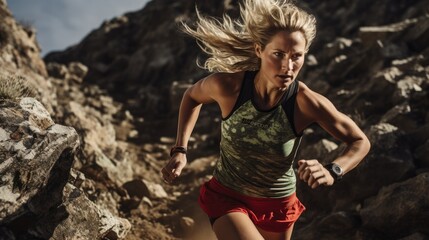 Obraz premium a young woman running in a tank top and shorts in a fitness-themed, horizontal format of photorealistic illustration in JPG. Generative ai