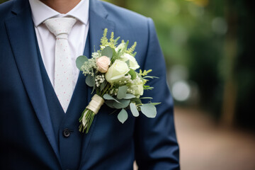 A close-up of a groom's navy suit, white dotted tie, and a delicate boutonniere featuring roses and eucalyptus.