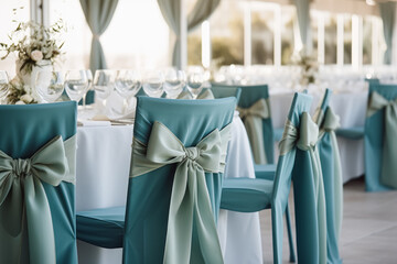 Elegantly decorated wedding reception chairs with sea green sashes and table settings in a bright venue.