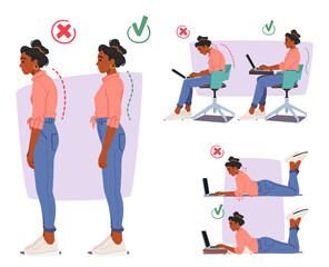 Infographics with Black Woman Showing Proper and Improper Body Postures for Standing, and Working on Laptop - obrazy, fototapety, plakaty