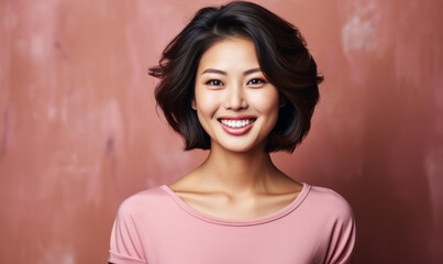 Radiant Asian woman with short black hair and a bright smile wearing a pink blouse against a...