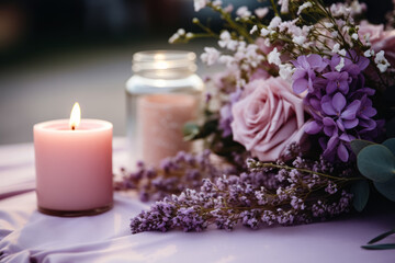 Obraz na płótnie Canvas An intimate setting with a soft pink candle, a floral arrangement with roses and lilacs, creating a serene atmosphere.