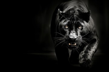 a stalking Black Jaguar in a black and white photo, Chiaroscuro lighting with room for copy in a dramatic Wildlife-themed, horizontal format of photorealistic illustration in JPG. Generative ai