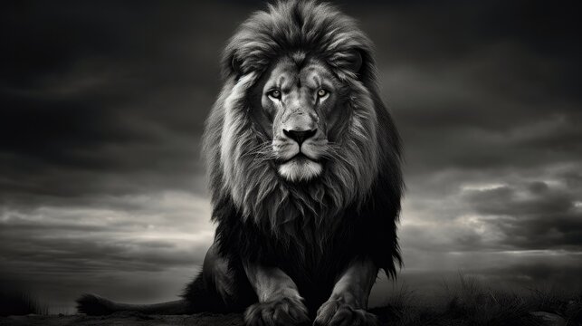  a Male Lion in a black and white photo, front view, Chiaroscuro lighting with room for copy in a dramatic Wildlife-themed, horizontal format of photorealistic illustration in JPG.  Generative ai