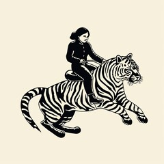 a girl/woman riding a tiger in a simple linocut/graphic print, JPG illustration. Generative ai