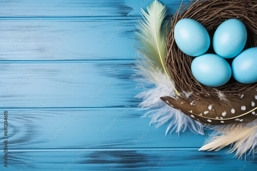 Poster a serene easter setting featuring a nest with robin's egg blue eggs and soft feathers on a textured 