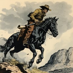 a horizontal layout, of a Cowboy, on a galloping horse in an old west-style composition in a Western-themed JPG format, cartoon Illustration. Generative ai - obrazy, fototapety, plakaty