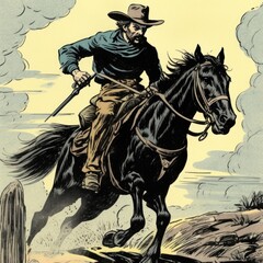 Fototapeta na wymiar a horizontal layout, of a Cowboy, on a galloping horse in an old west-style composition in a Western-themed JPG format, cartoon Illustration. Generative ai