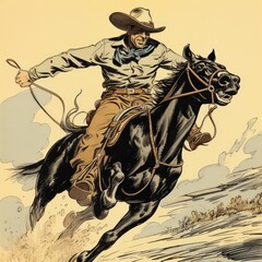 a horizontal layout, of a Cowboy, on a galloping horse in an old west-style composition in a Western-themed JPG format, cartoon Illustration. Generative ai