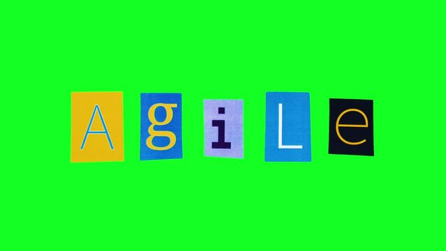 The word agile made of single sheets of paper with letters crumpling against green screen in stop motion animation. Loop footage of business term of development methodology. Information analysis