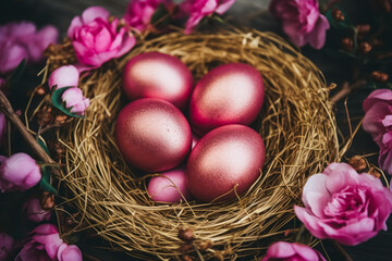 Satin pink Easter eggs cradled in a golden straw nest surrounded by blooming pink flowers, conveying warmth and joy.