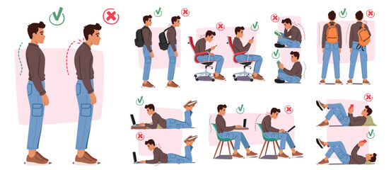 Man with Wrong Body Postures Include Slouching And Hunching, Leading To Discomfort. Proper Postures With Straight Spine - obrazy, fototapety, plakaty