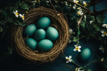Fototapeta na wymiar A rustic nest filled with smooth teal eggs surrounded by white and yellow wildflowers, set against a deep teal fabric backdrop.