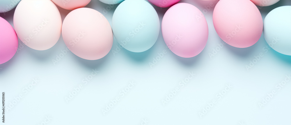 Poster minimalistic easter concept with a row of pastel-colored eggs arranged in a gentle curve on a soft b