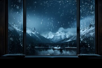 view of snowy mountains from the window with rainwater droplets