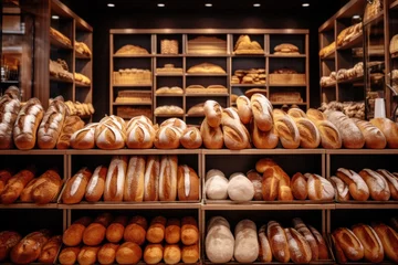 Zelfklevend Fotobehang A variety of freshly baked bread on display in a bakery or in a supermarket. This image can be used for food and baking related content. Ideal for food blog, advertising, bakehouse, cafe, store. © Jafree