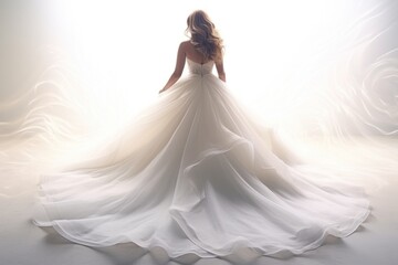 Bride with her back in flowing white wedding dress with long train in dreamy white background. Copy space. For wedding or fashion-related content., booklet and advertising of wedding salon dresses.