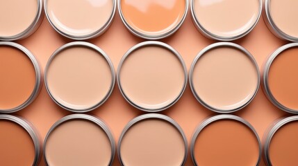A close up of many different shades of paint, peach fuzz, trendy color of the year 2024.