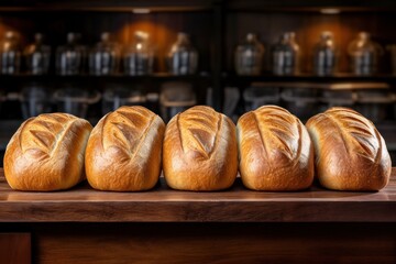 Freshly baked white wheat bread loaves neatly arranged on a table, set against blurred backdrop of a store or a bakery. With copy space. Ideal for food blog, advertising, bakehouse, cafe, supermarket