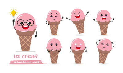 cute strawberry ice cream cartoon with many expressions. gelato character different activity pose vector illustration flat design set.	