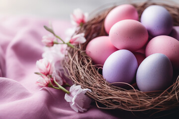 Pastel pink and purple Easter eggs delicately spotted with a rustic nest on a silky pink fabric, complemented by blooming white flowers. - Powered by Adobe