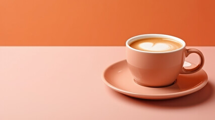 A cup of coffee sitting on top of a saucer, peach fuzz, trendy color of the year 2024.