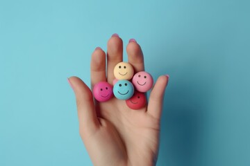 Smiling colorful mixed happy circle face Smiley Laugher, friendly happy round smile satisfied client review experience, customer success, good service positive feedback, psychological therapy