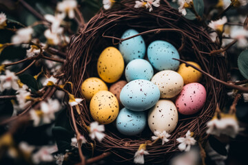 Naklejka na ściany i meble A nest of multi-colored speckled Easter eggs surrounded by blossoming branches, symbolizing spring and the joy of the Easter season.