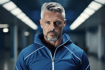 hombre de más de cincuenta años dueño y entrenador de un gimnasio vistiendo ropa deportiva azul, sobre fondo desenfocado de un gimnasio vacío - obrazy, fototapety, plakaty