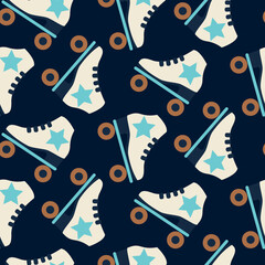Seamless pattern with cute retro roller skates. Vintage texture for kids textile, wrapping paper. Cartoon style dark blue and neutral background.