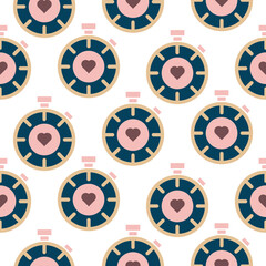 Cute stop watch seamless vector pattern. Sport timer girlish retro background for wallpaper and fabric design.