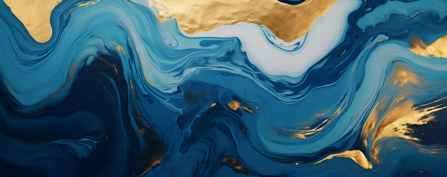 blue painting with running golden details. Abstract swirling ink marble paint wallpaper.