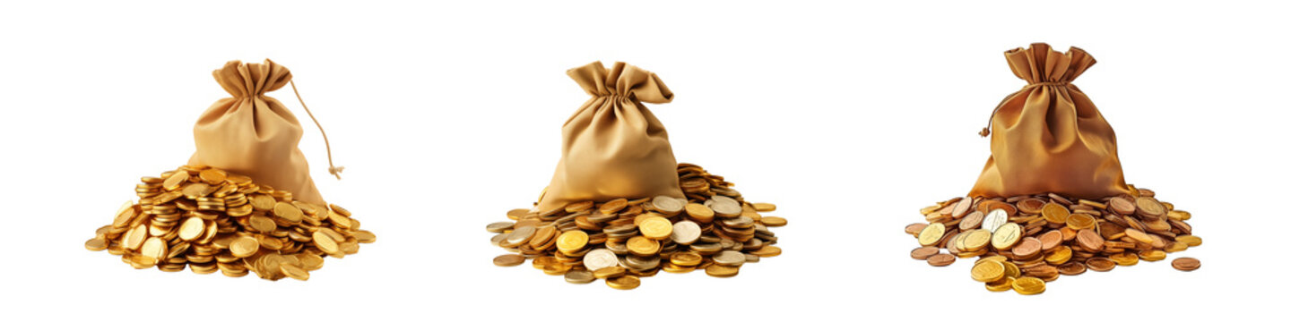 Set of golden coins bag on transparent background. Generative AI