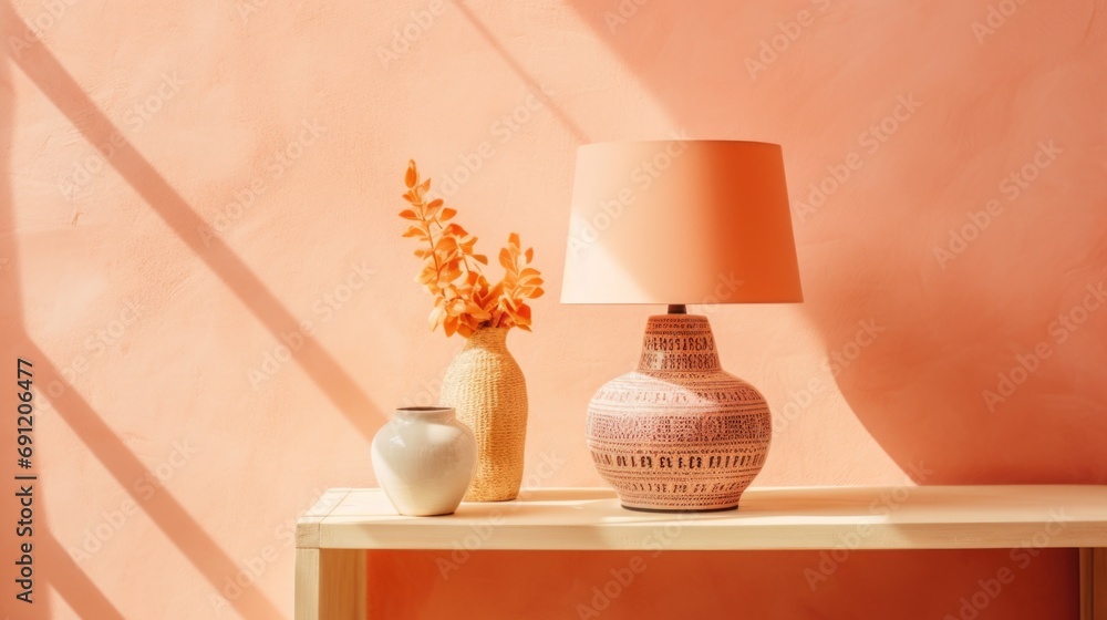 Poster a table with a lamp and a vase on it, peach fuzz, trendy color of the year 2024.