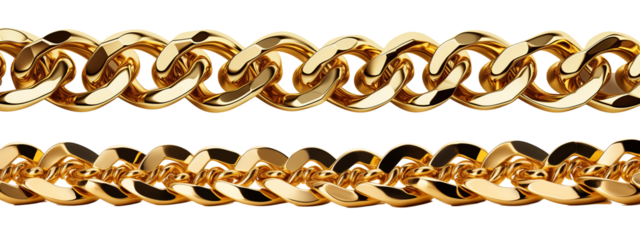 Golden chain border. Seamless luxury chains of different shapes, realistic gold jewelry links, metal golden elements repeating pattern metallic frame set. Generative AI