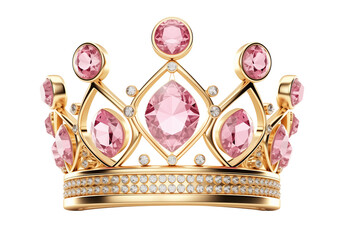 Royal gold crown with pink diamonds isolated on transparent background. Generative AI