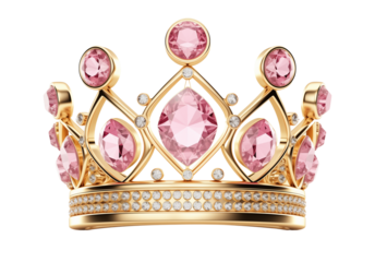 Royal gold crown with pink diamonds isolated on transparent background. Generative AI