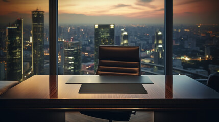 Workplace of a top manager, city downtown seen in panoramic windows